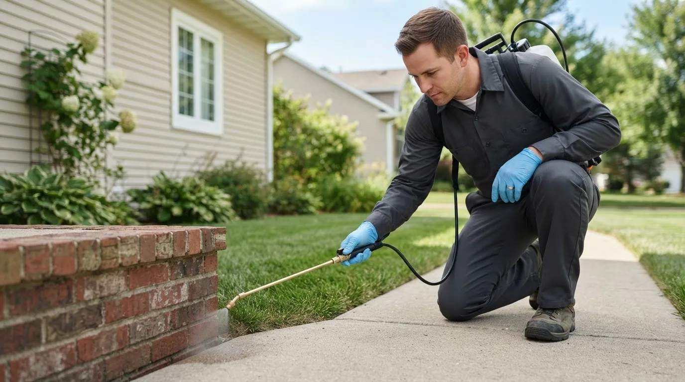 Pest control technician treating a home near Junedale, PA