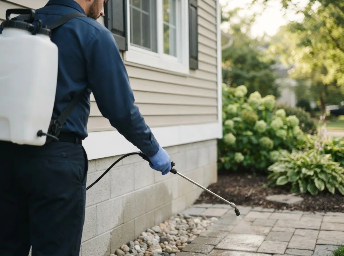 Pest control technician inspecting a home in Junedale, PA